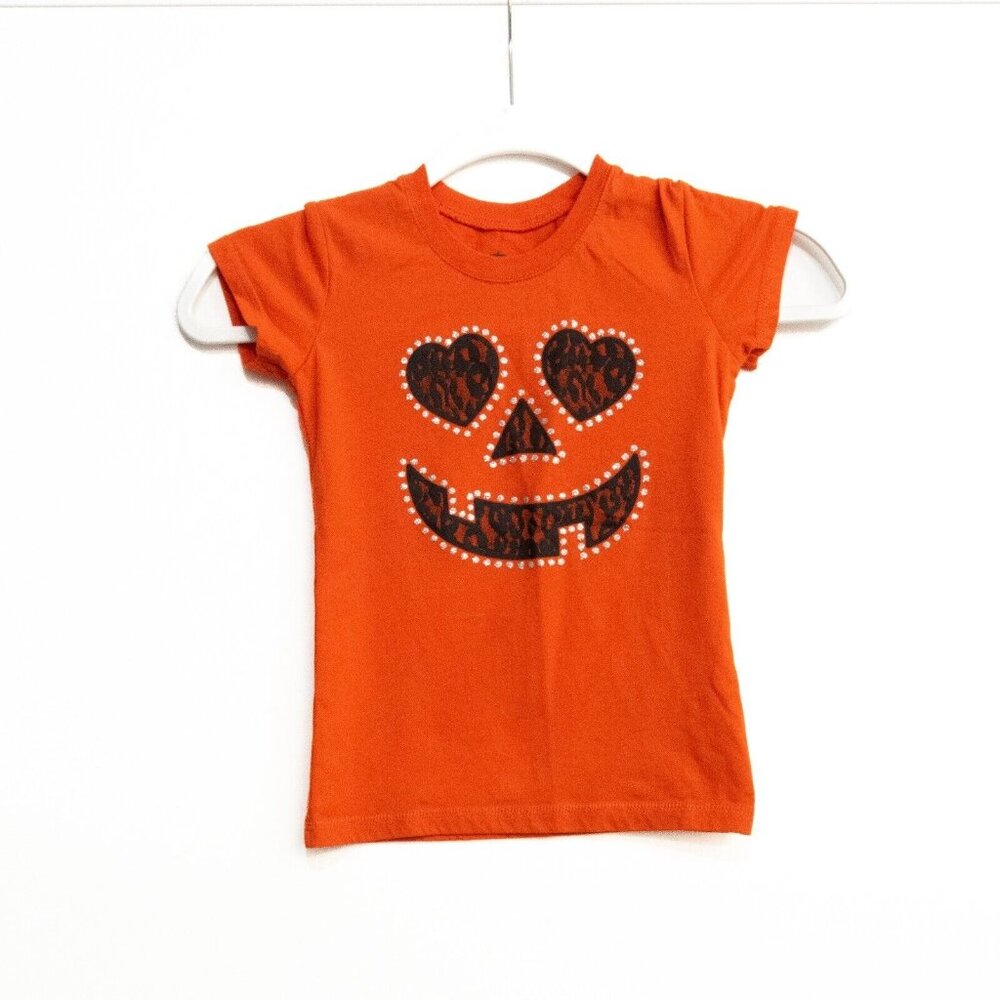 Pumpkin Shirt Girls Orange Polycotton Rhinestones Crew Neck Short Cap Sleeve XS